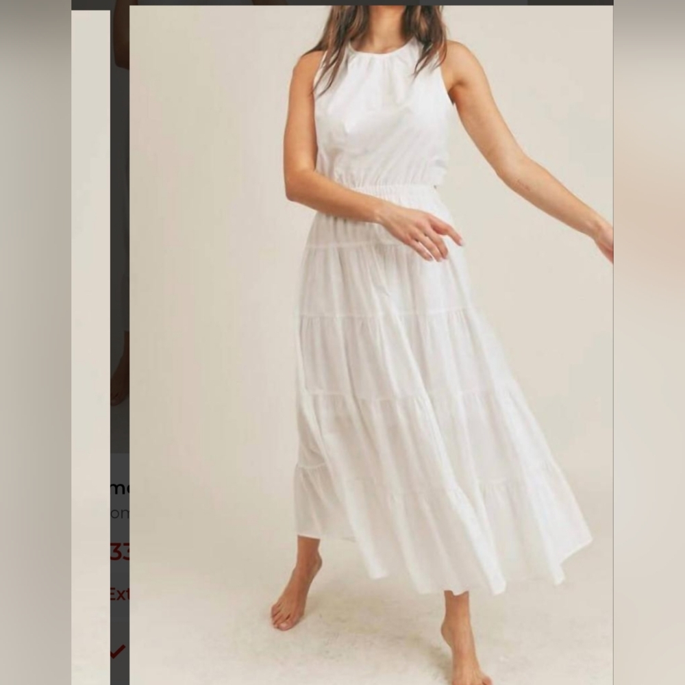 &MERCI Dress Size L White Maxi Cut Out Flow Flare Lined Fairy Romantic Vacation